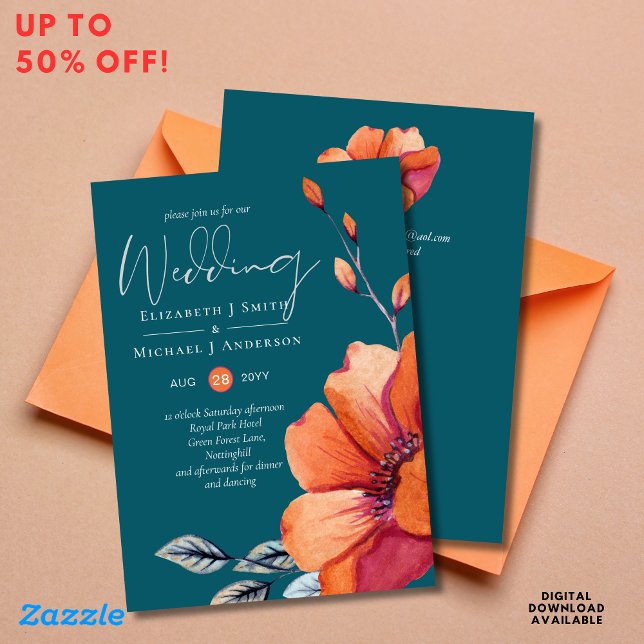 Invitations de mariage Turquoise et orange brulé (Créateur téléchargé)