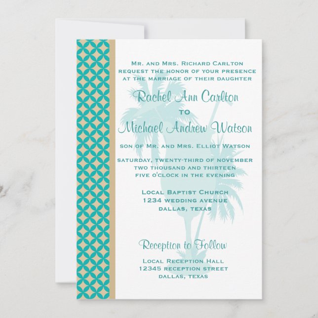 Invitations de mariage Turquoise et Tan Khaki Beac (Devant)