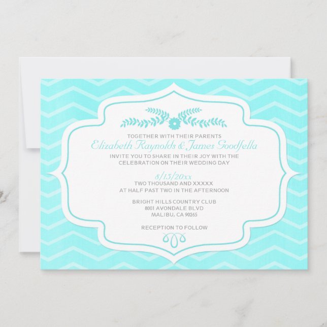 Invitations de mariage Turquoises de Chevron (Devant)