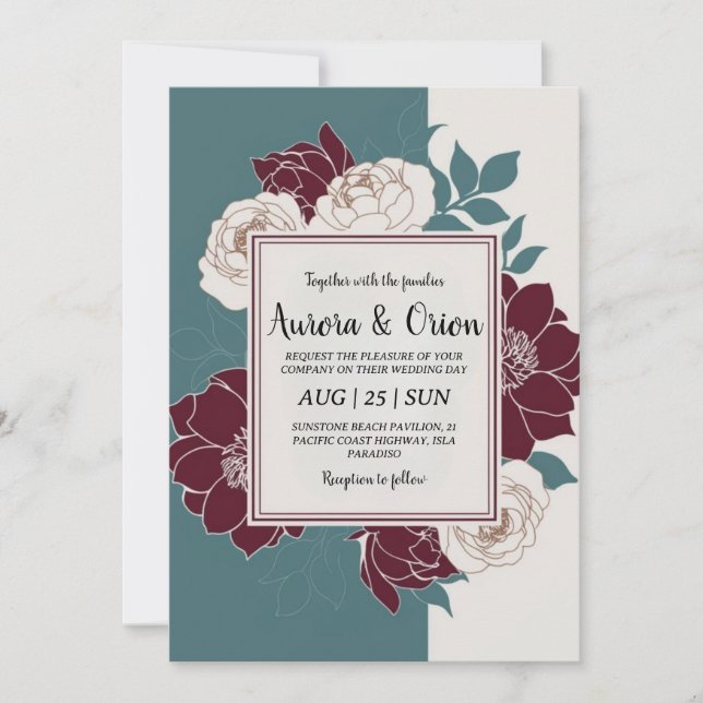 Invitations de mariage turquoises et bordeaux (Devant)