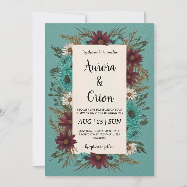 Invitations de mariage turquoises et bordeaux (Devant)