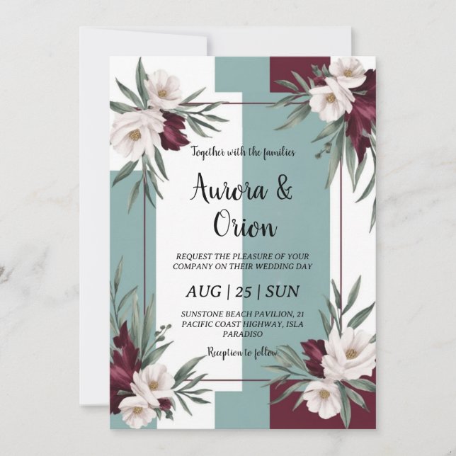 Invitations de mariage turquoises et bordeaux (Devant)