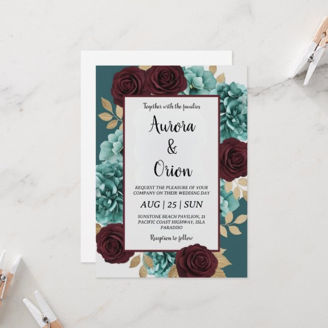 Invitations de mariage turquoises et bordeaux (Devant/Arrière en situation)