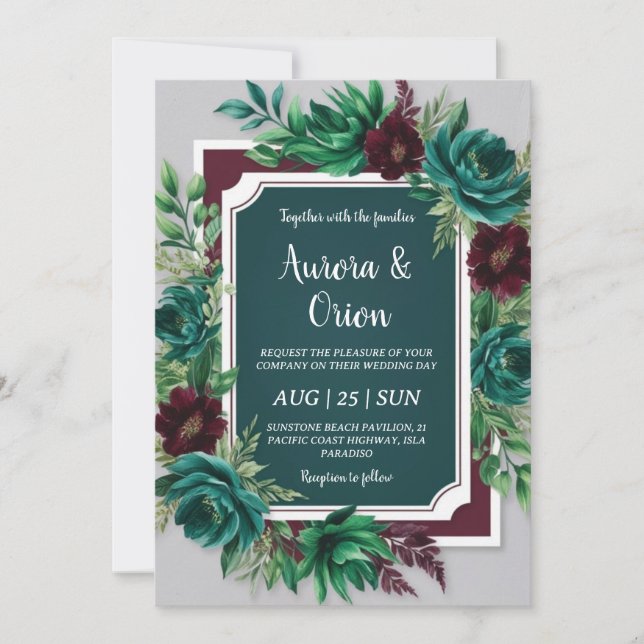 Invitations de mariage turquoises et bordeaux (Devant)