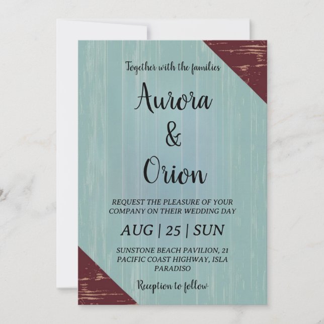 Invitations de mariage turquoises et bordeaux (Devant)