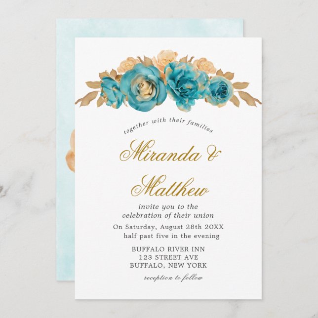 Invitations de mariage turquoises et crémeuses Ros (Devant / Derrière)
