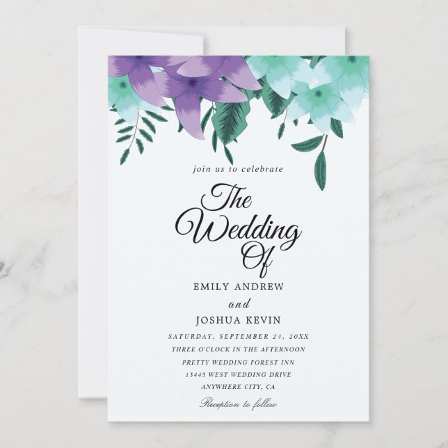 Invitations de mariage turquoises et violettes (Devant)