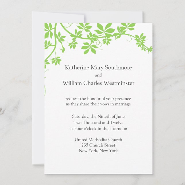Invitations De Mariage Vert Et Blanc Léger (Devant)