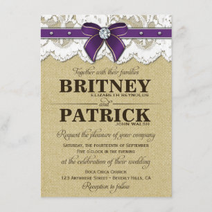 Invitations de mariage Vintage de Burlap en violet
