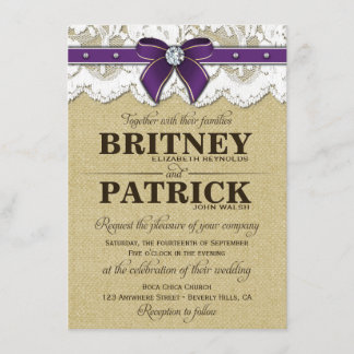 Invitations de mariage Vintage de Burlap en violet