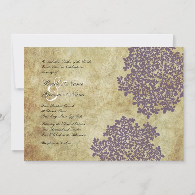 Invitations de mariage vintage floral pourpre (Devant)