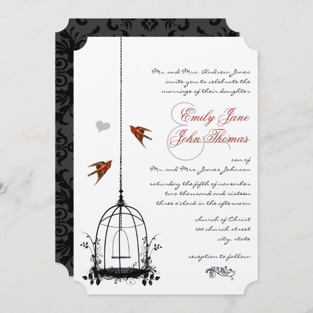 Invitations de mariage vintage Inséparable rouge B (Devant / Derrière)