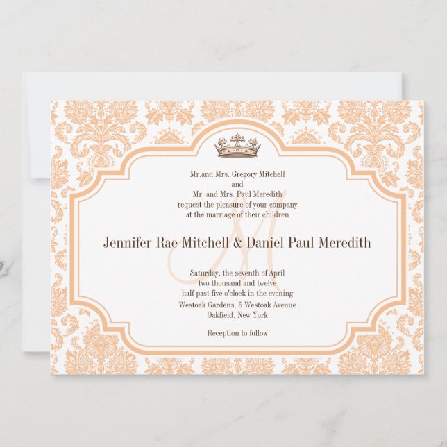 Invitations de mariage vintage Peach Damask (Devant)