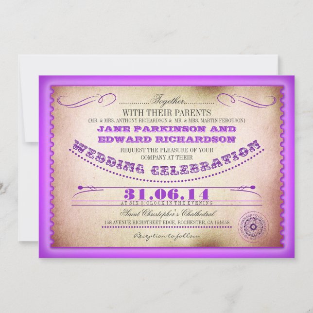 Invitations de mariage vintage violet - billets (Devant)
