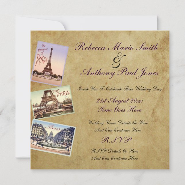 Invitations de mariage Vintages à Paris (Devant)