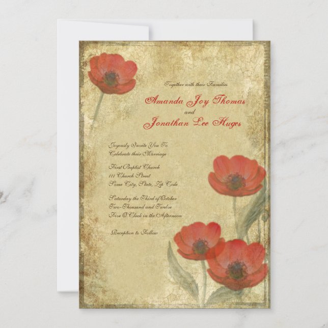 Invitations de mariage Vintages des Red Poppies (Devant)