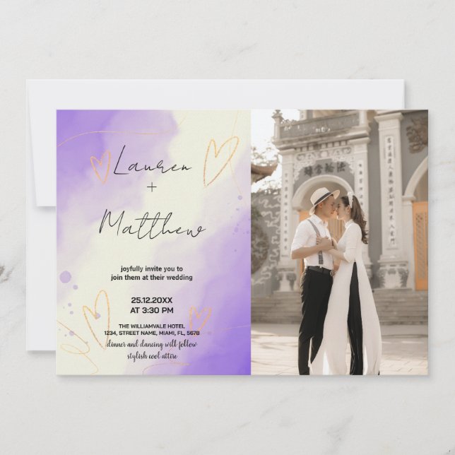 Invitations de mariage violet avec photo (Devant)