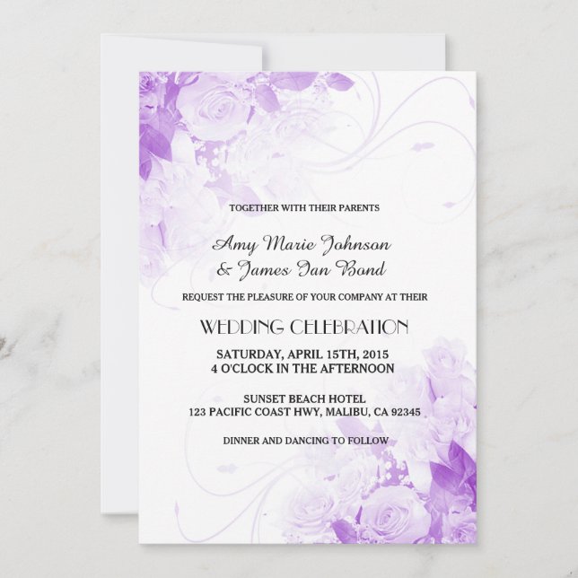 Invitations de mariage violet bouquet de rose vr4 (Devant)