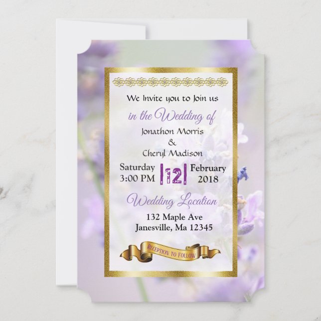 Invitations de mariage violet et doré Lavande (Devant)