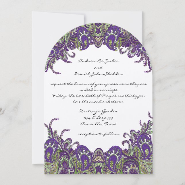 Invitations de mariage violet et vert paon (Devant)