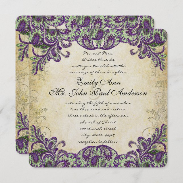 Invitations de mariage violet et vert paon (Devant / Derrière)
