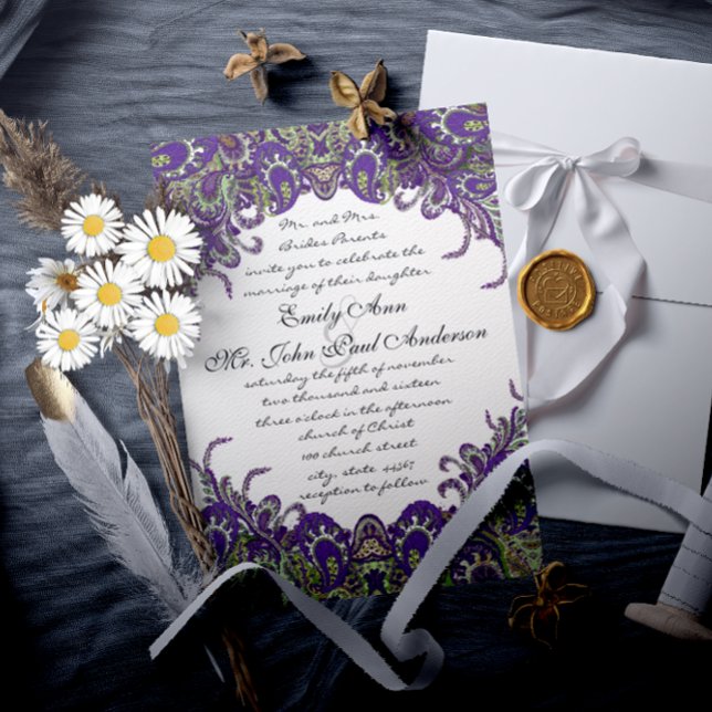 Invitations de mariage violet et vert paon (Créateur téléchargé)
