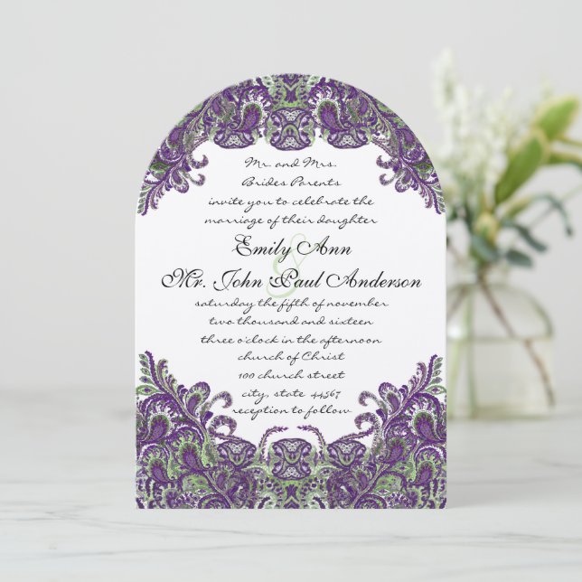 Invitations de mariage violet et vert paon (Debout devant)