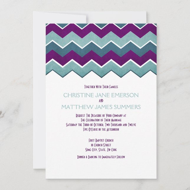 Invitations de mariage Zig Zag Turquoises et viole (Devant)