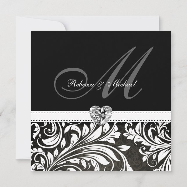 Invitations de monogramme noir et blanc de Damas (Devant)