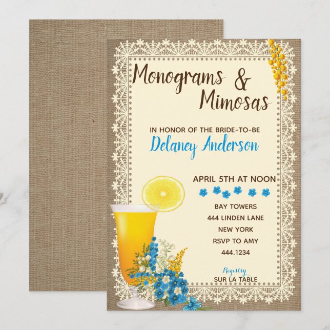 Invitations de monogrammes et de maimosas à la dou (Devant / Derrière)