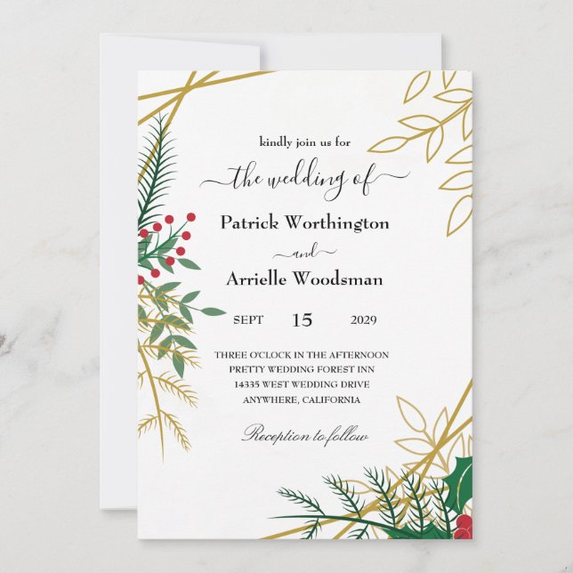 Invitations de noces de Noël feuilles (Devant)