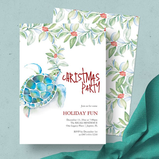 Invitations de Noël à la plage (Beach Christmas invitation watercolor sea turtle art by Victoria Grigaliunas of Do Tell A Belle)