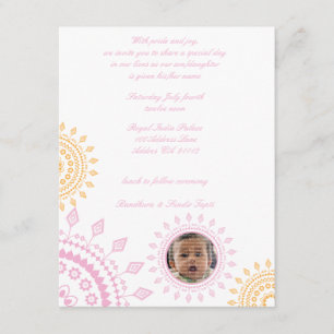 Invitations de noms de bébés rose et jaune Namkara