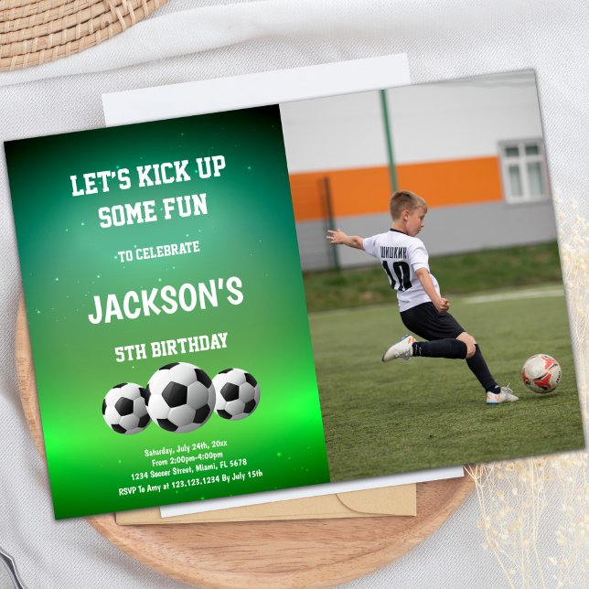 Invitations de parties sportives personnalisables  (Three Balls Soccer Birthday Invitations with photo)