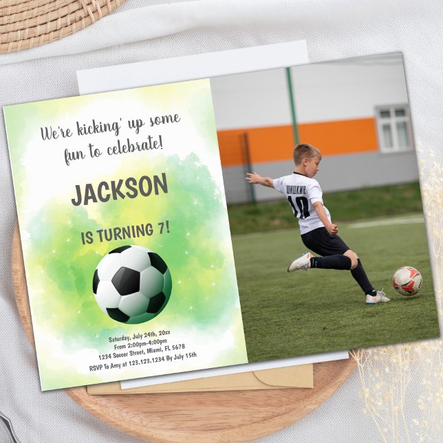 Invitations de parties sportives personnalisables  (Cloud Yellow and green Soccer Birthday photo Invitation)