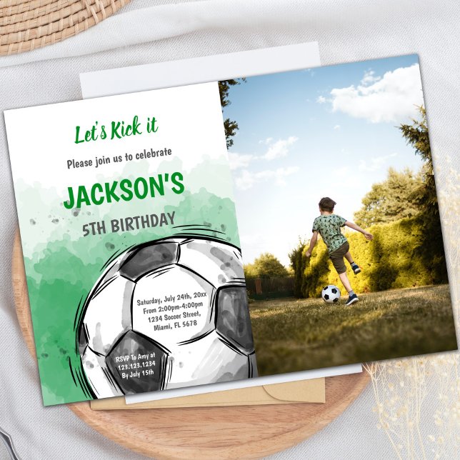 Invitations de parties sportives personnalisables  (Big Ball watercolor Soccer Birthday Invitations w)