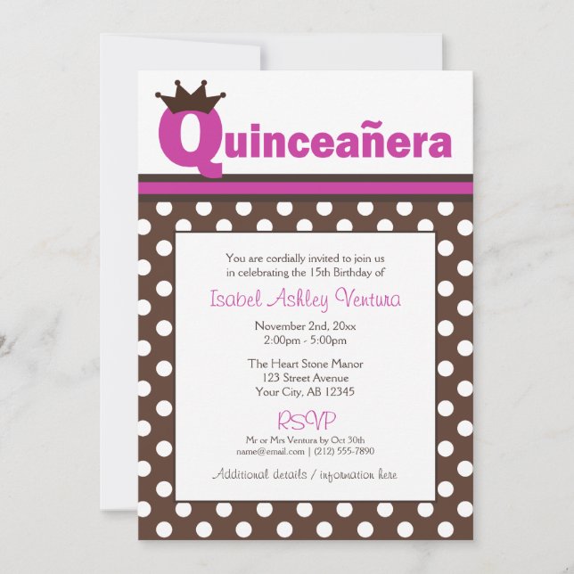 Invitations de Polka Dot et Fuchsia Quinceañera Br (Devant)