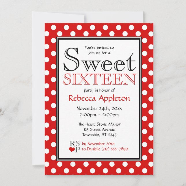 Invitations de Polka Dot Red & White Sweet sixteen (Devant)
