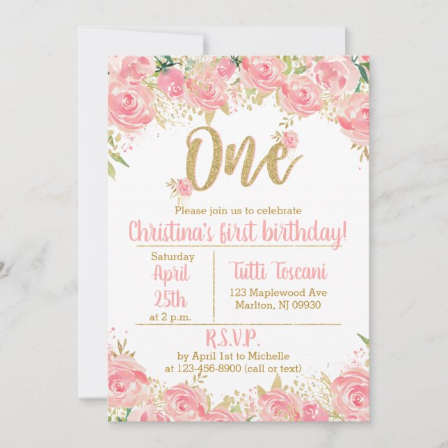 Invitations de premier anniversaire rose et or (Devant)