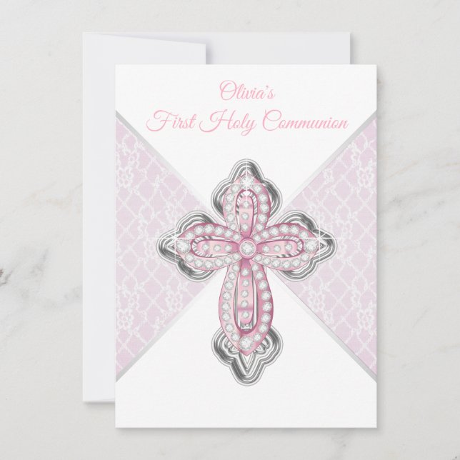 Invitations de première communion en argent rose (Devant)