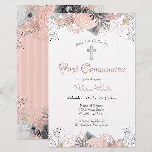 Invitations de première communion rose florale