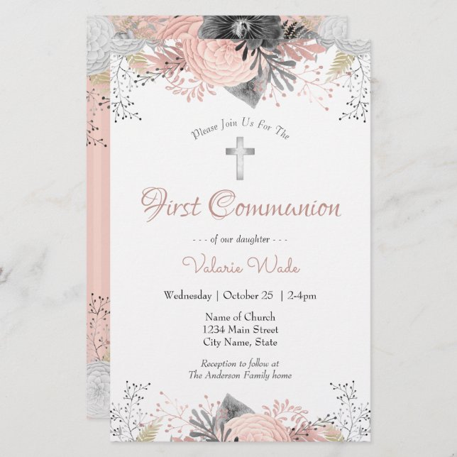 Invitations de première communion rose florale (Devant / Derrière)