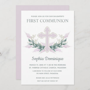 Invitations de première communion rose florale