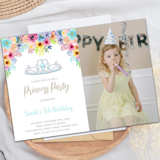Invitations de Princess Party personnalisables élé (Crown Floral Princess Birthday Invitations w photo)