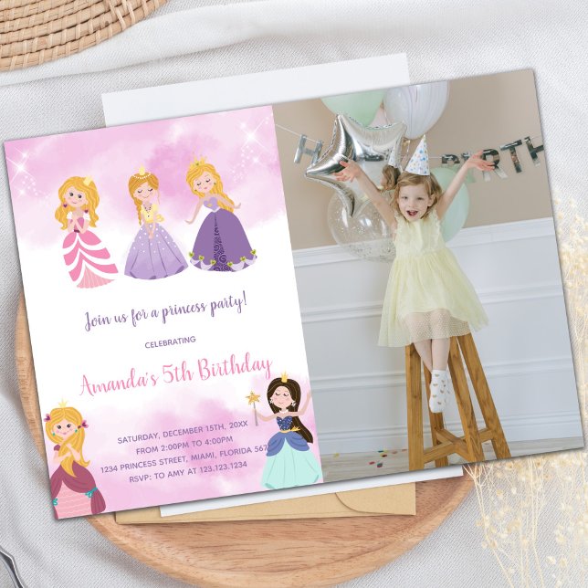 Invitations de Princess Party personnalisables pou (Pink Princesses Birthday Invitations with photo)
