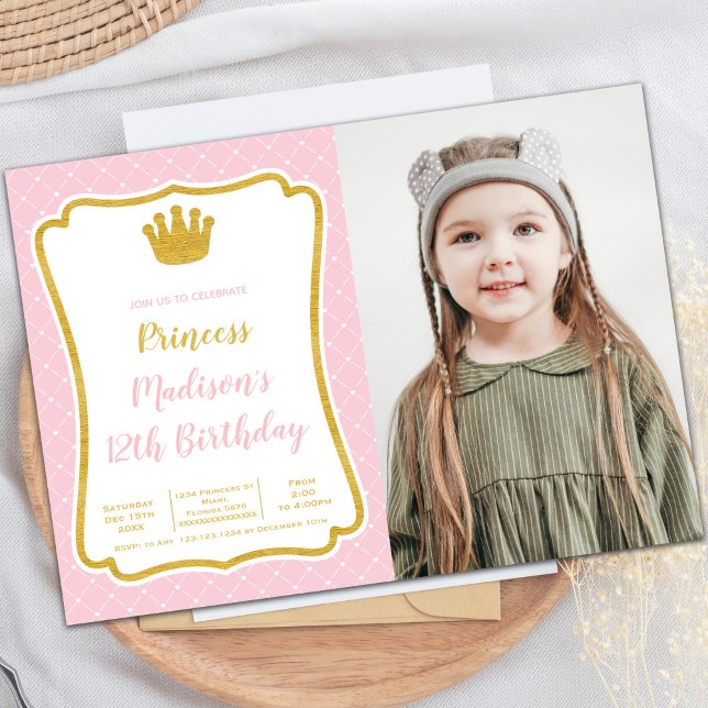 Invitations de Princess Party personnalisables pou (Pink Fram Crown Princess Cards with photo)