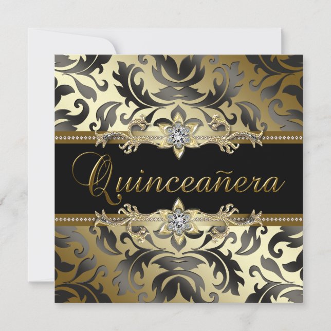 Invitations de Quinceanera Black Gold Damask (Devant)