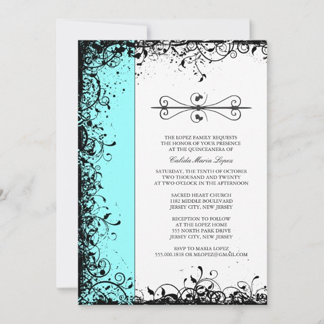 Invitations de Quinceanera bleu turquoise (Devant)
