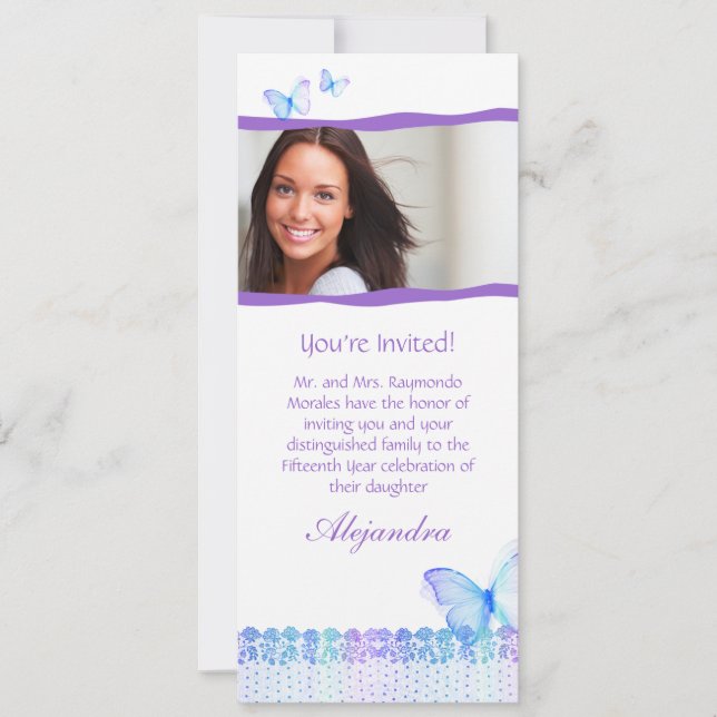 Invitations de Quinceanera dentelle de papillon bl (Devant)