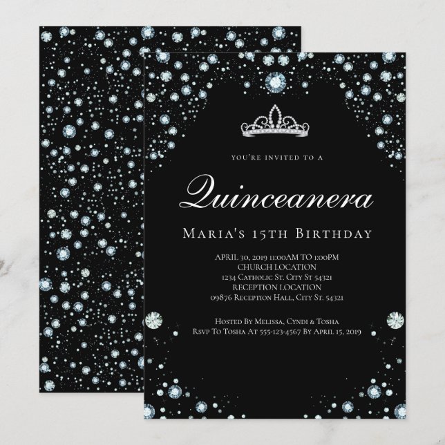 Invitations de Quinceanera noir et diamant (Devant / Derrière)